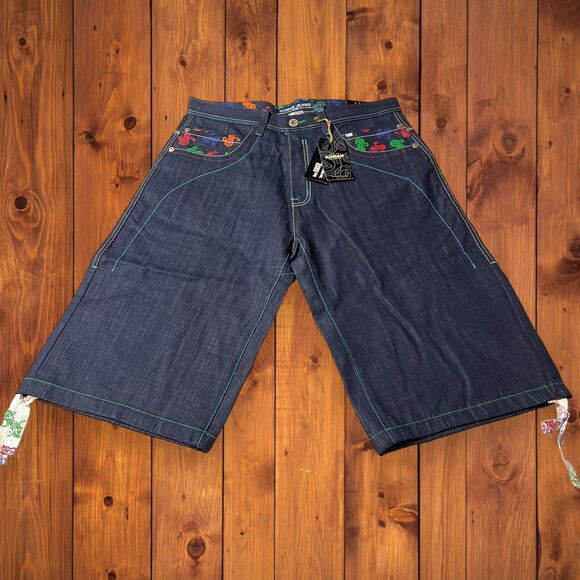 Vtg NWT Sz 38 Koman Denim Blue Jeans Shorts Embellished Pockets Y2K Hip Hop - Picture 1 of 9